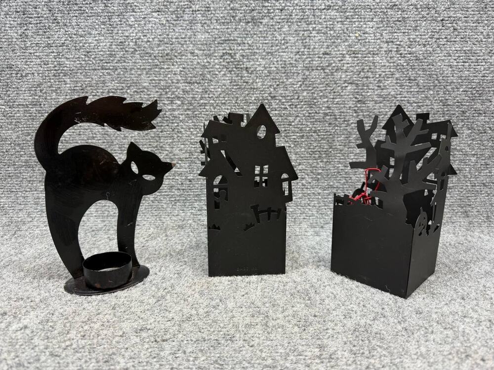 Vintage Halloween Metal Votive Candle Holders Set of 3 Cat House